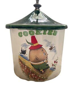 Vintage Ceramic Cookie Jar With Green Lid & Humpty Dumpty Design
